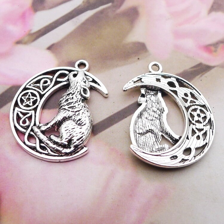 6/15PCS Silver Wolf Howling Celtic Crescent Moon Charm Pendant 33X26mm JHS817