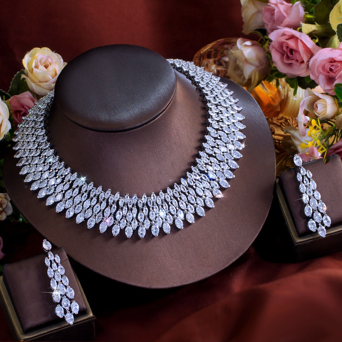 Dazzling Wedding Party Drop Necklace Earrings Silver Plated CZ White Jewelry Set