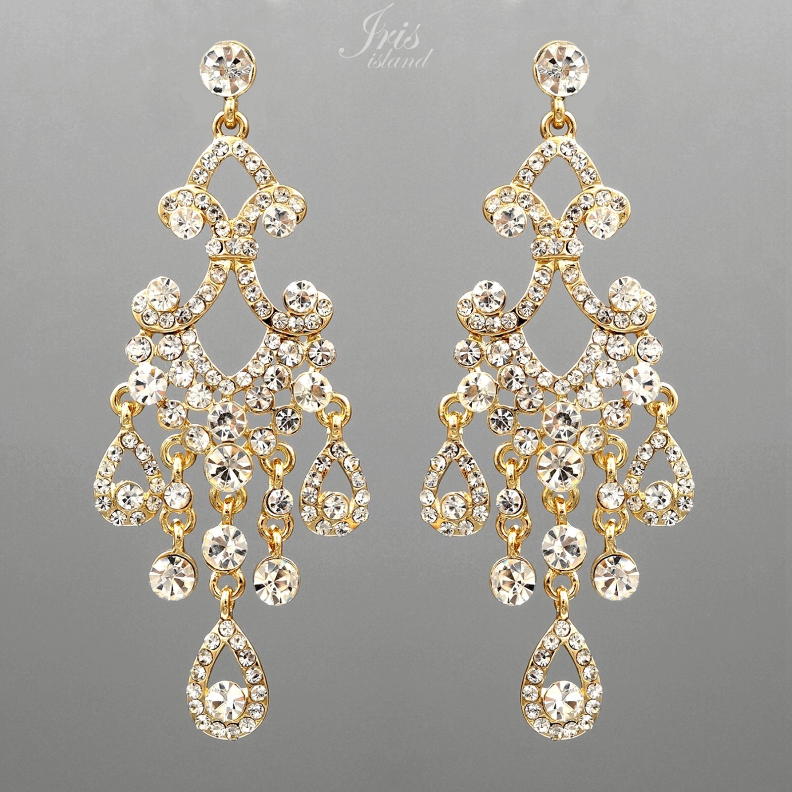 Women Chandelier Earrings Gold Plated GP Clear Crystal Wedding Drop Dangle 00165