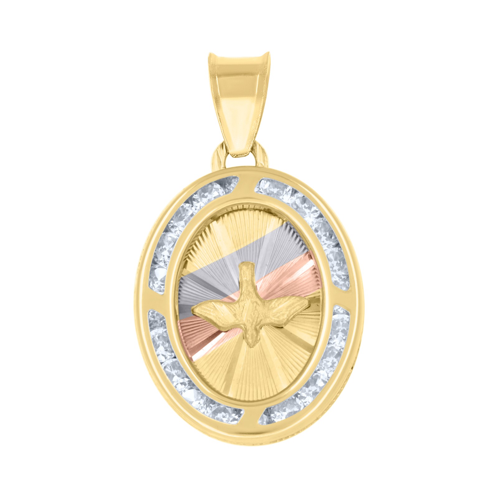 14K Tri-Color Gold CZ Unisex 1″ Textured Charm Peace Dove Oval Medallion Pendant