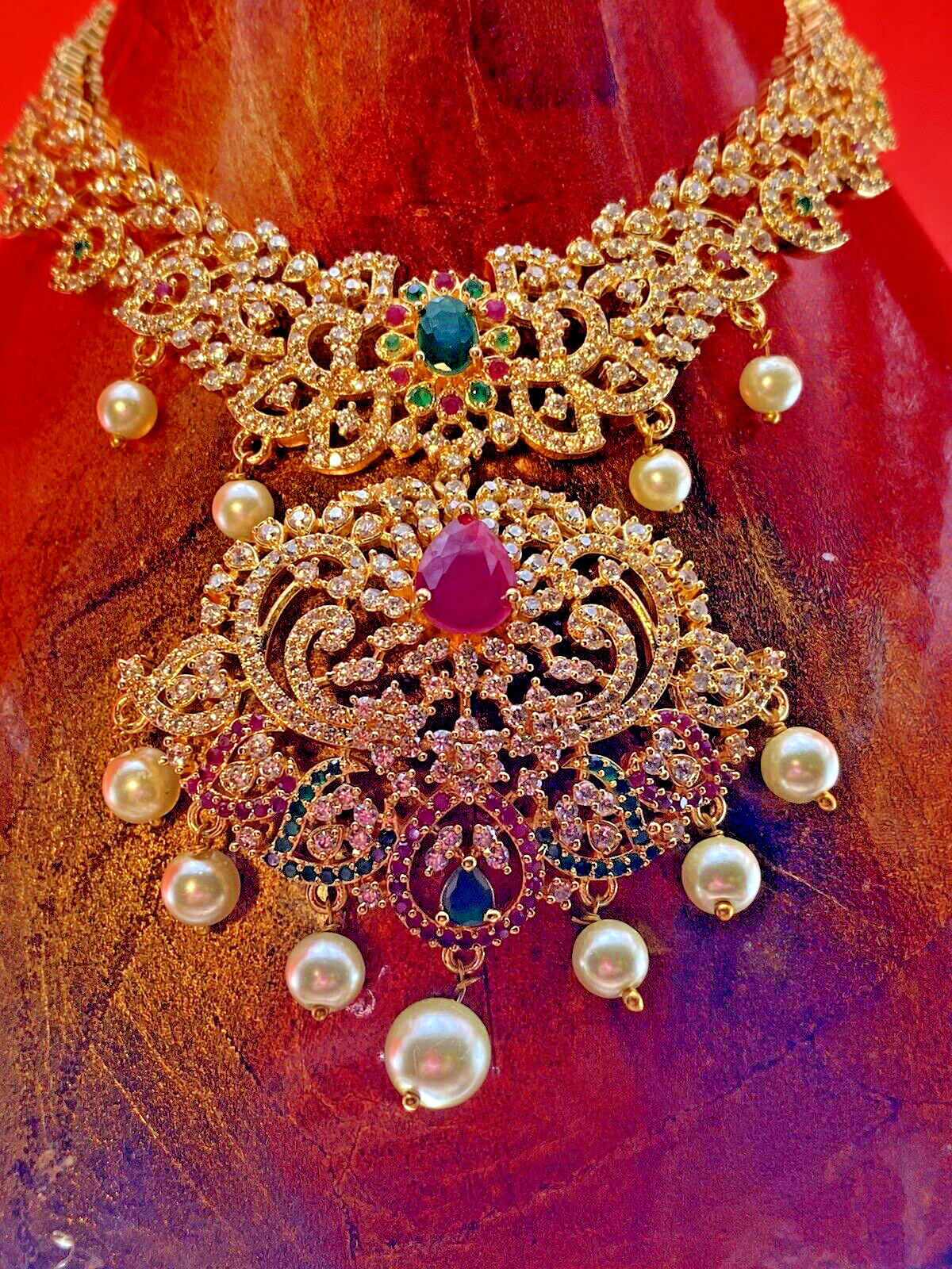 Indian Formal Temple Necklace Traditional Red Green Jewels Bollywood “Maya”