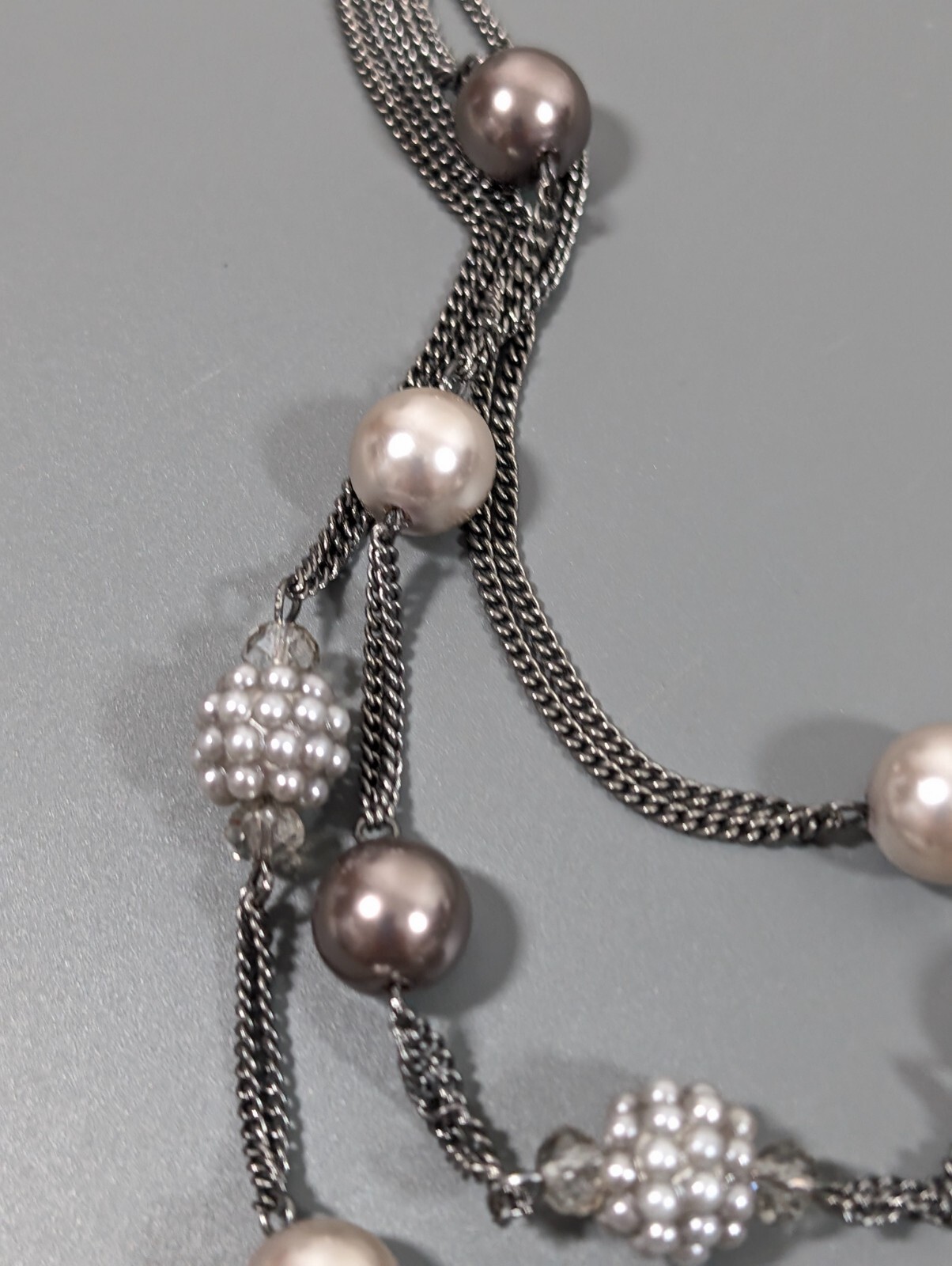 Roman Gray Faux Pearl Station Multi Chain Layered Statement Neckalce Whimsigoth