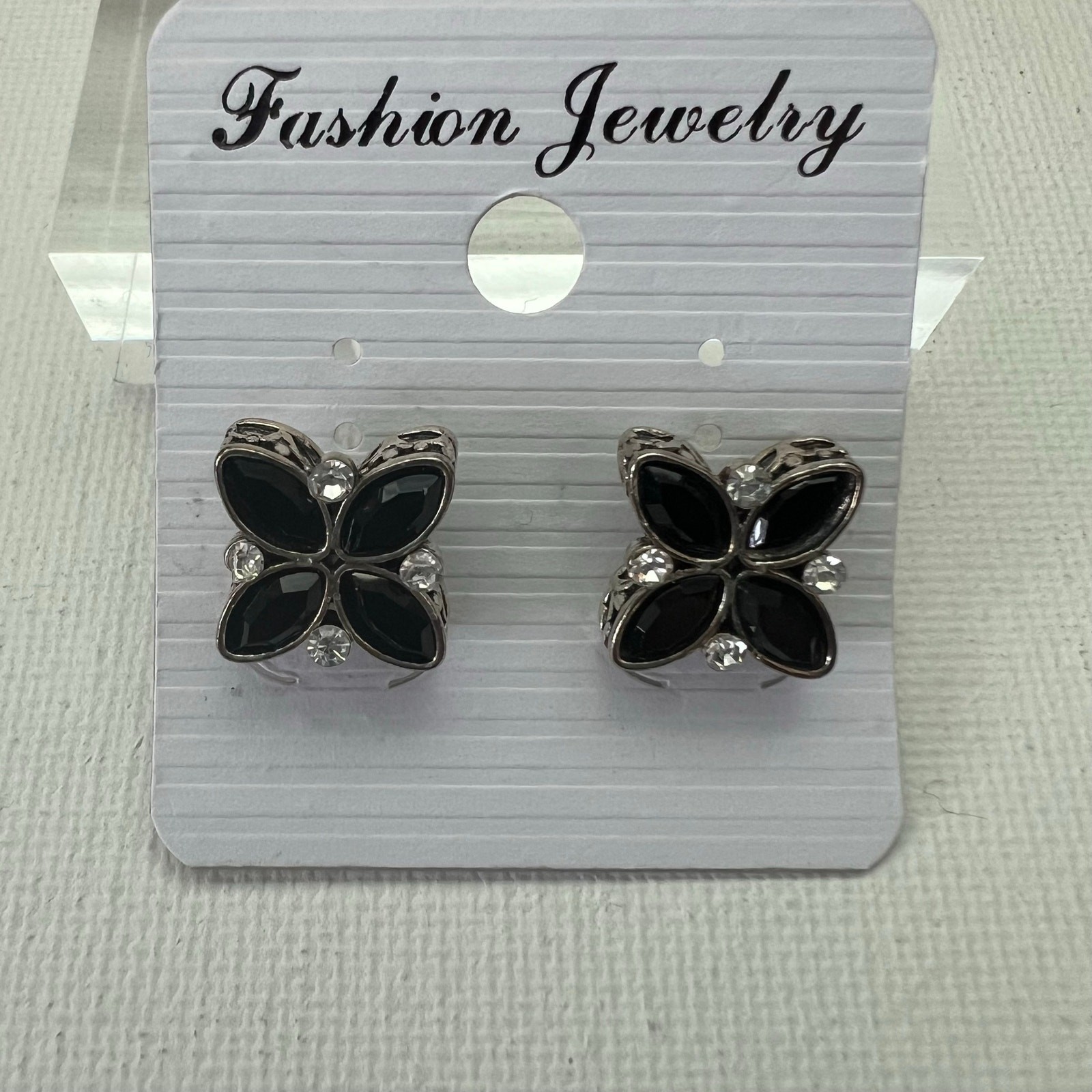 Black Rhinestone Four Petal Flower Silver Tone Stud Earrings