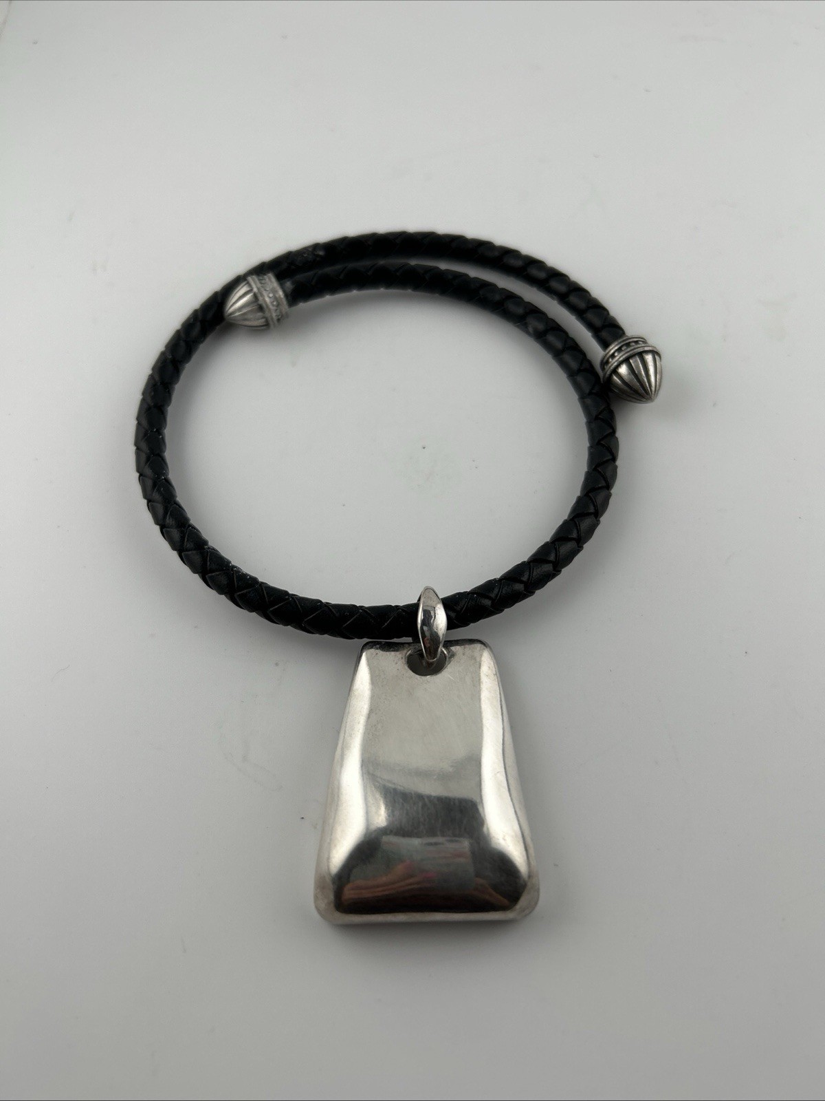 1992 CHICO’S Silver tone Bold statement pendant leather cord necklace