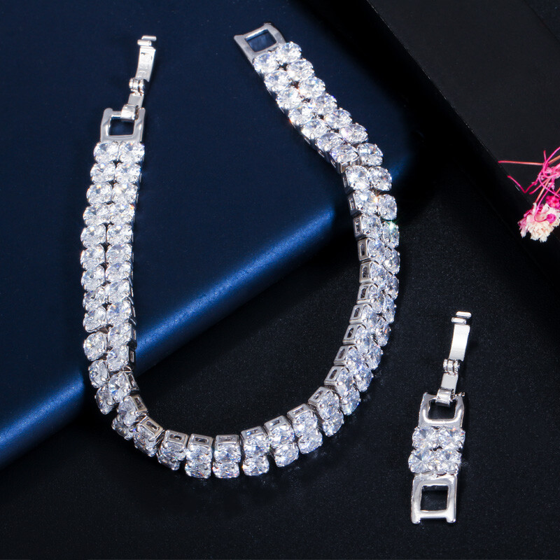 CWWZircons 2 Row Round Silver Plated Cubic Zirconia Green Women Tennis Bracelet