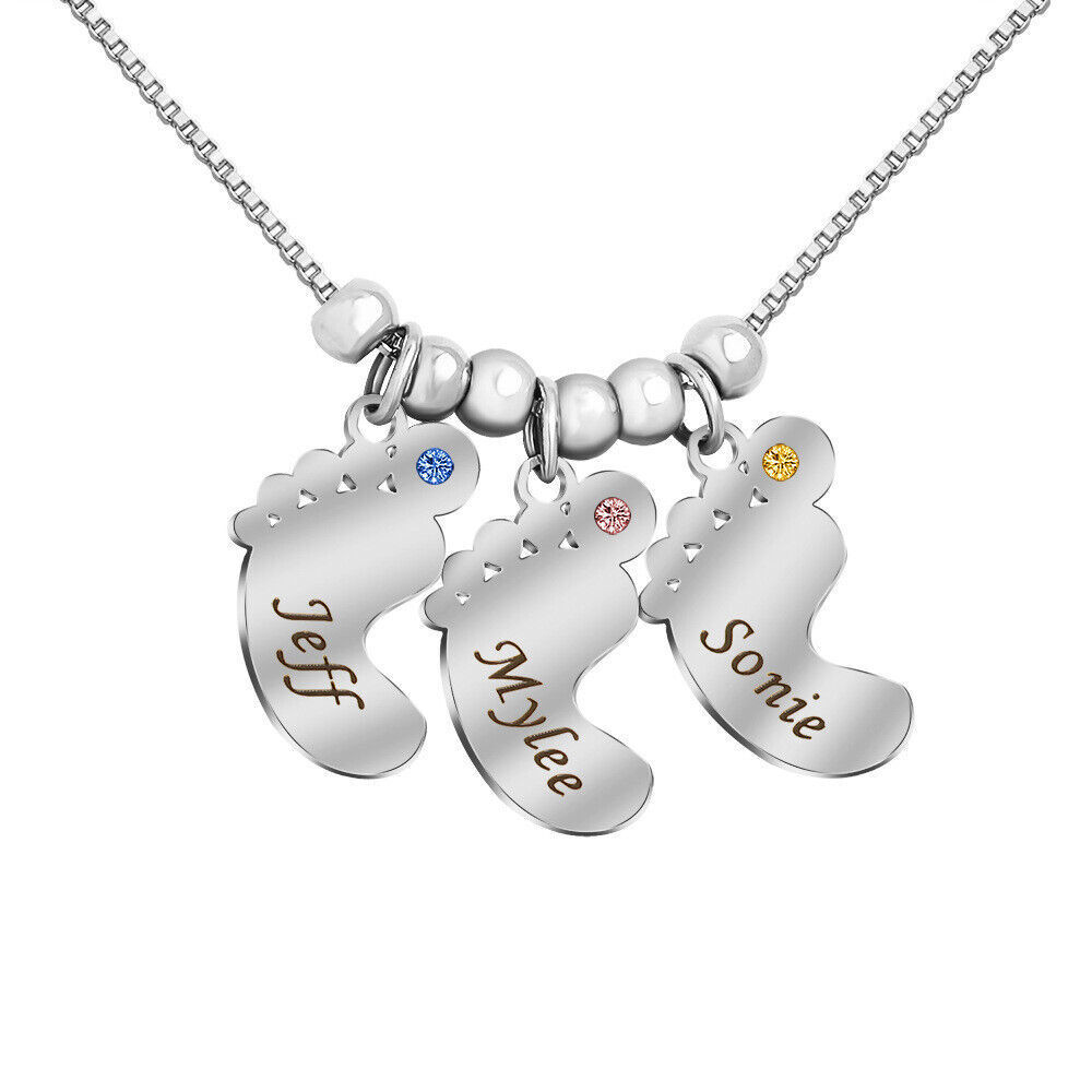 Personalized Engraved Name Necklace Baby Feet With Birthstone Jewelry For Mother