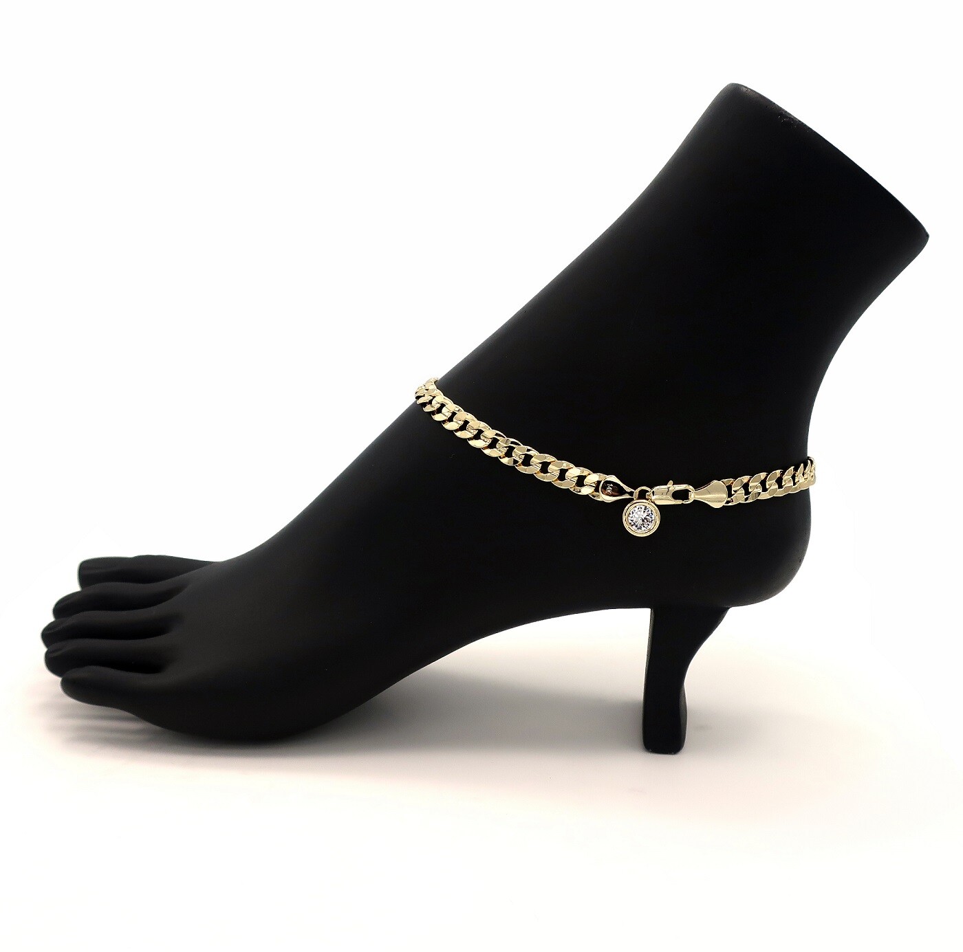 10″ CONCAVE CUBAN CURB LINK CHAIN QUALITY ANKLET CZ BRACELET 14K GOLD PLATED