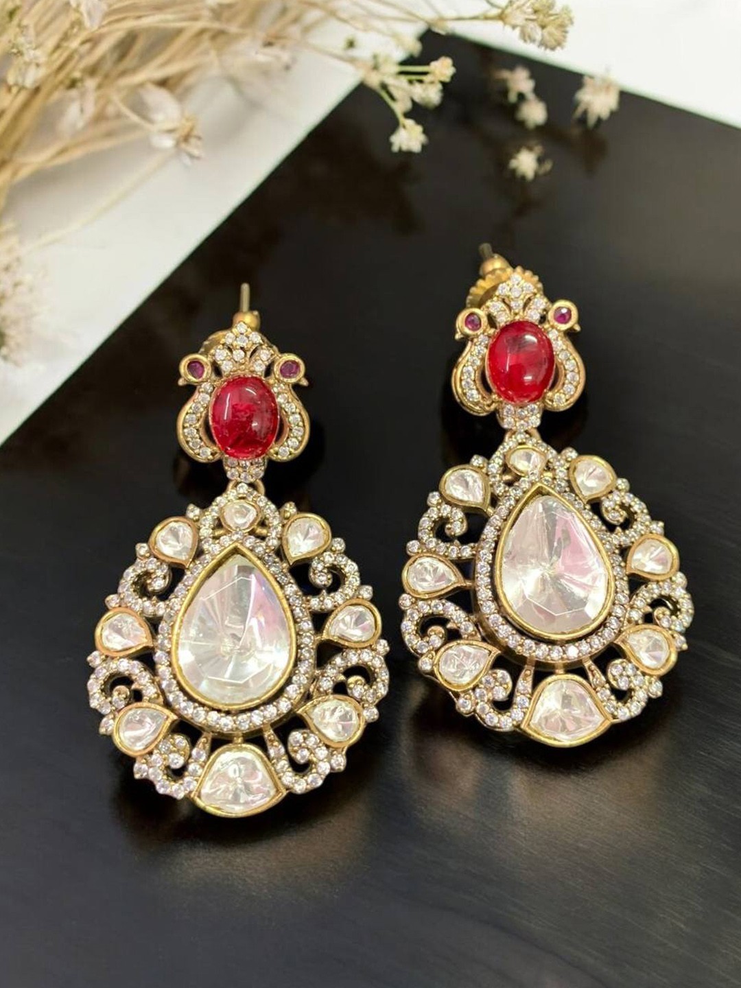 Victorian Brass Doublet Polki Moissanite Earrings AAA AD Bridal Party Jewelry