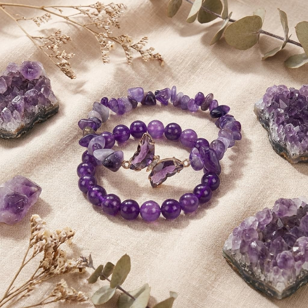 Natural Amethyst Healing Stone Bracelet Set for Women, Anxiety Relief Nature Sto