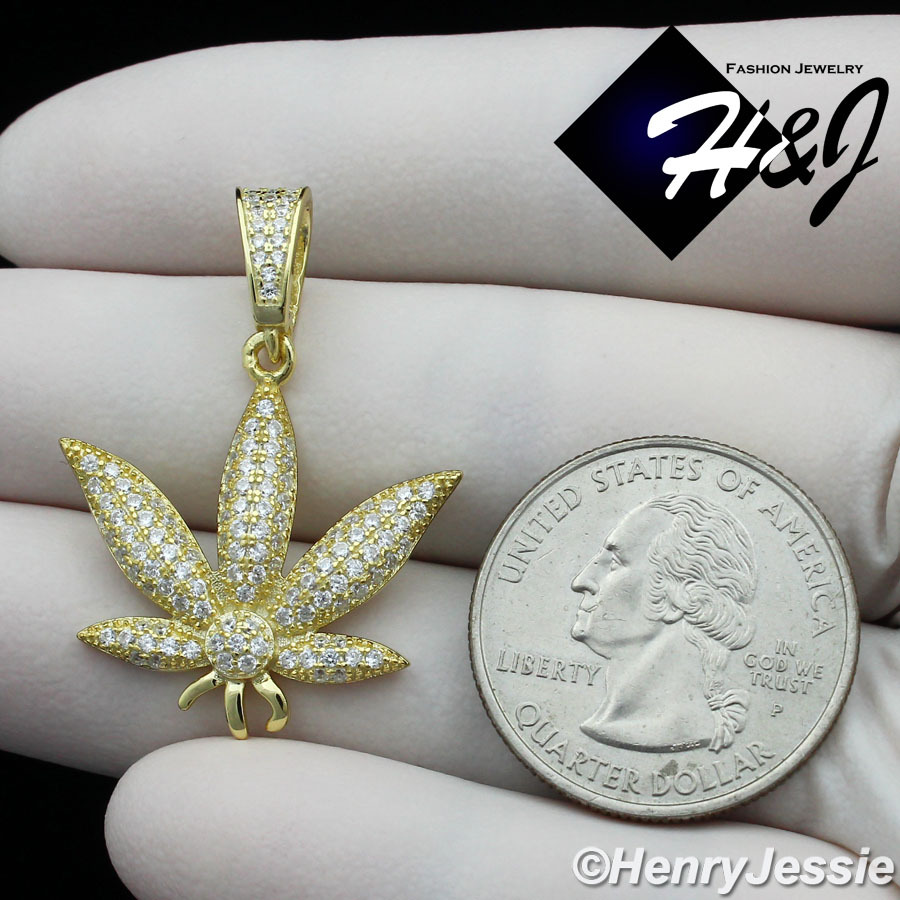 925 STERLING SILVER ICY CUBIC ZIRCONIA GOLD PLATED 3D MARIJUANA LEAF PENDANT*173