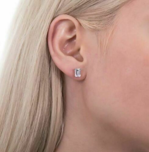 925 Sterling Silver Lab Created 2.00CTTW Emerald Cut CZ Stud Earrings 7x5MM