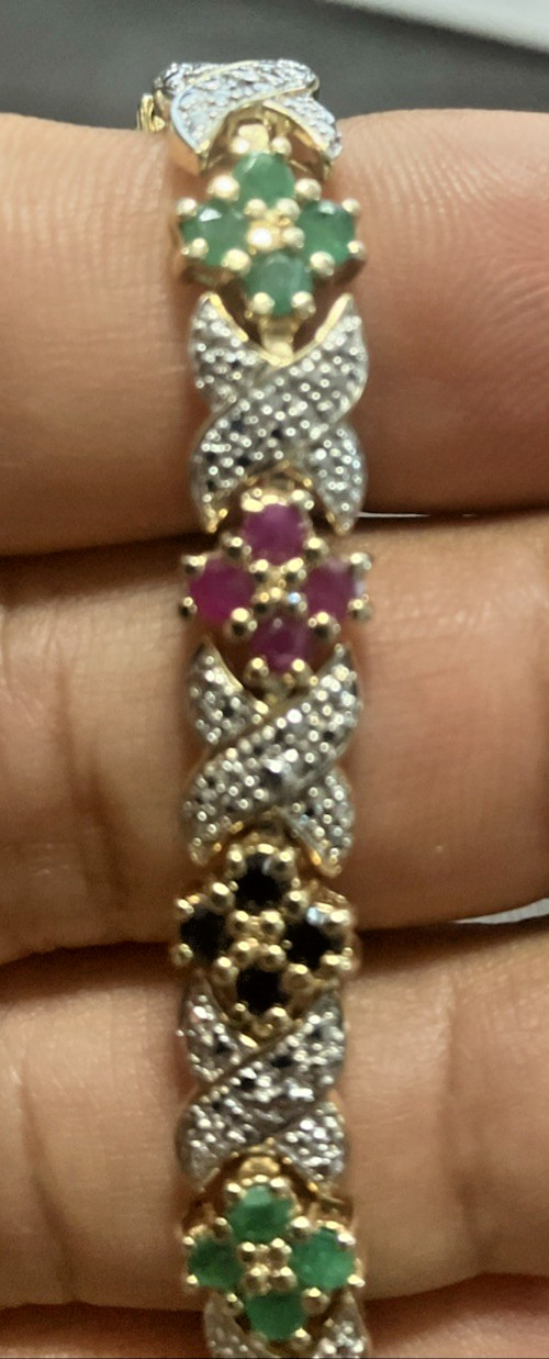 Sterling Silver 925 Gold Plating Stones Emerald Ruby Sapphire 17.8 Grams 7” 8mm
