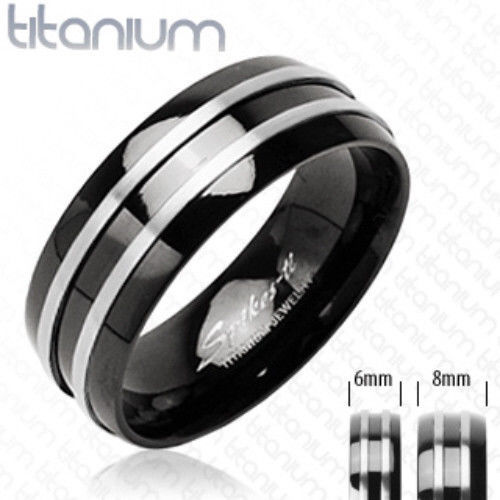 Solid Titanium Ring Black w/Double Stripe Size 5,6,7,8,9,10,11,12,13,14 (FL14)
