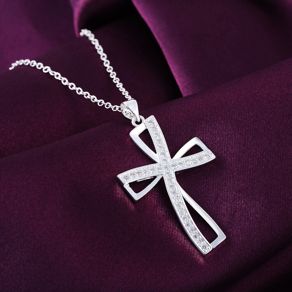 Ladies Necklace Silver Tone Chain With Double offset Cubic Zerconia Cross