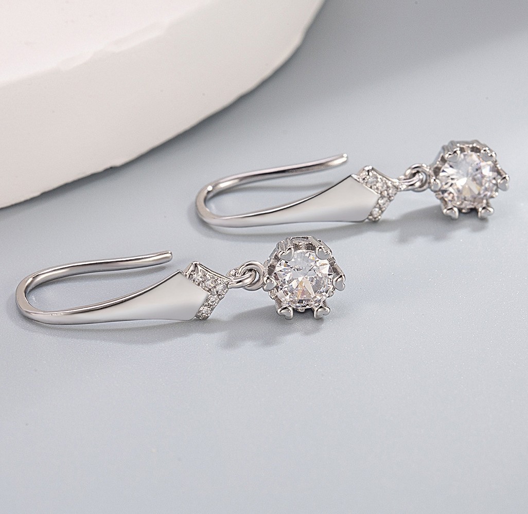 Sparkling Zircon Hanging V-shaped Pave Silver Plated Long Hook Dangle Earrings