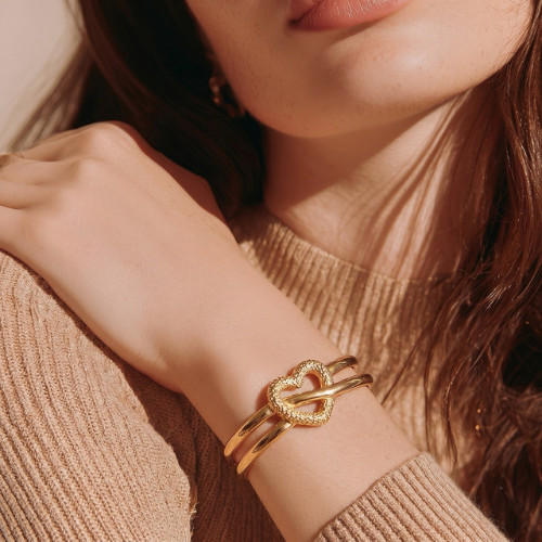 Gold Heart Cuff Bracelet Open Adjustable Love Minimalist Stainless Steel