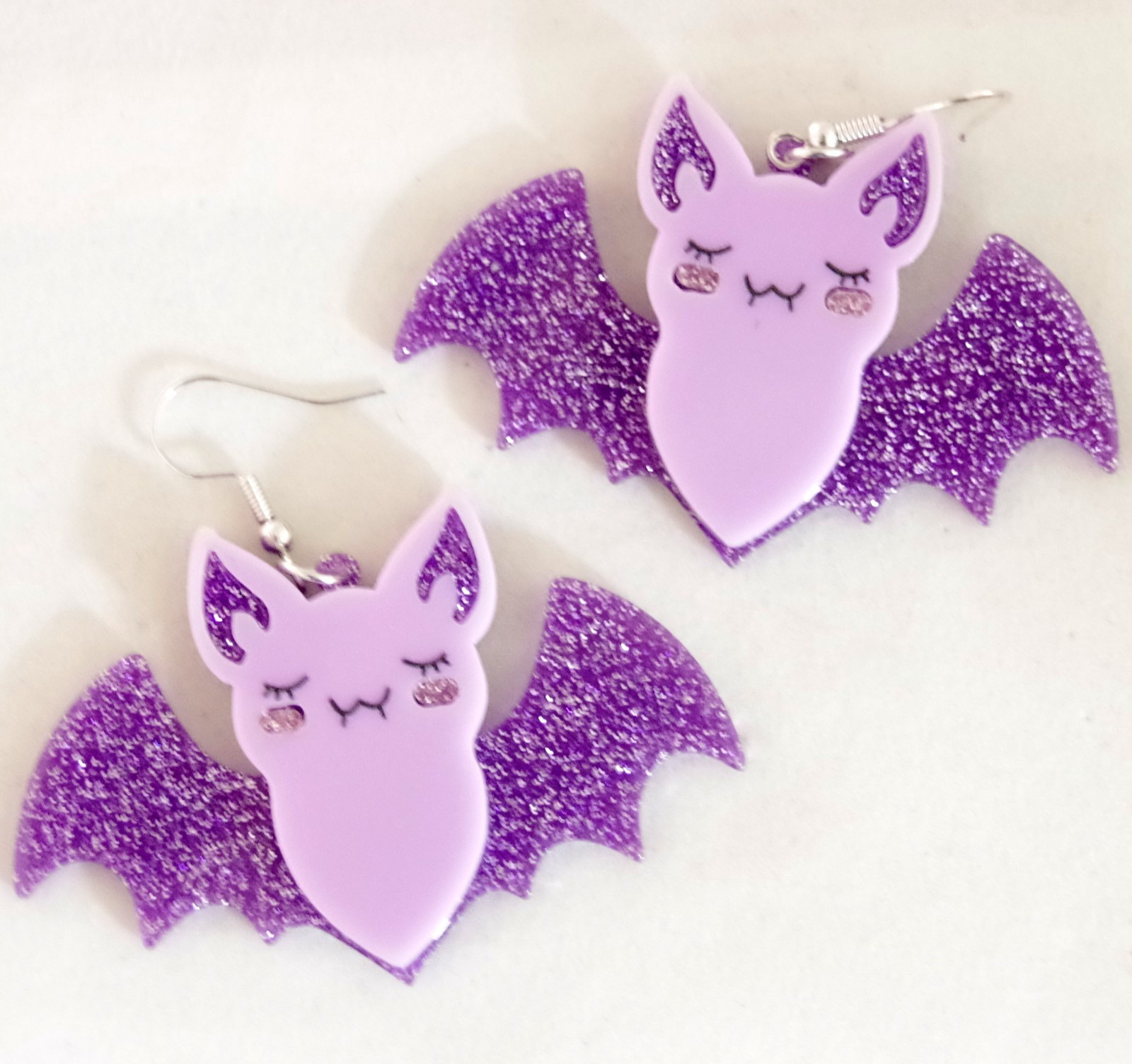 2 3/8″ PURPLE GLITTER VAMPIRE BAT LAYERED ACRYLIC HALLOWEEN DROP DANGLE EARRINGS