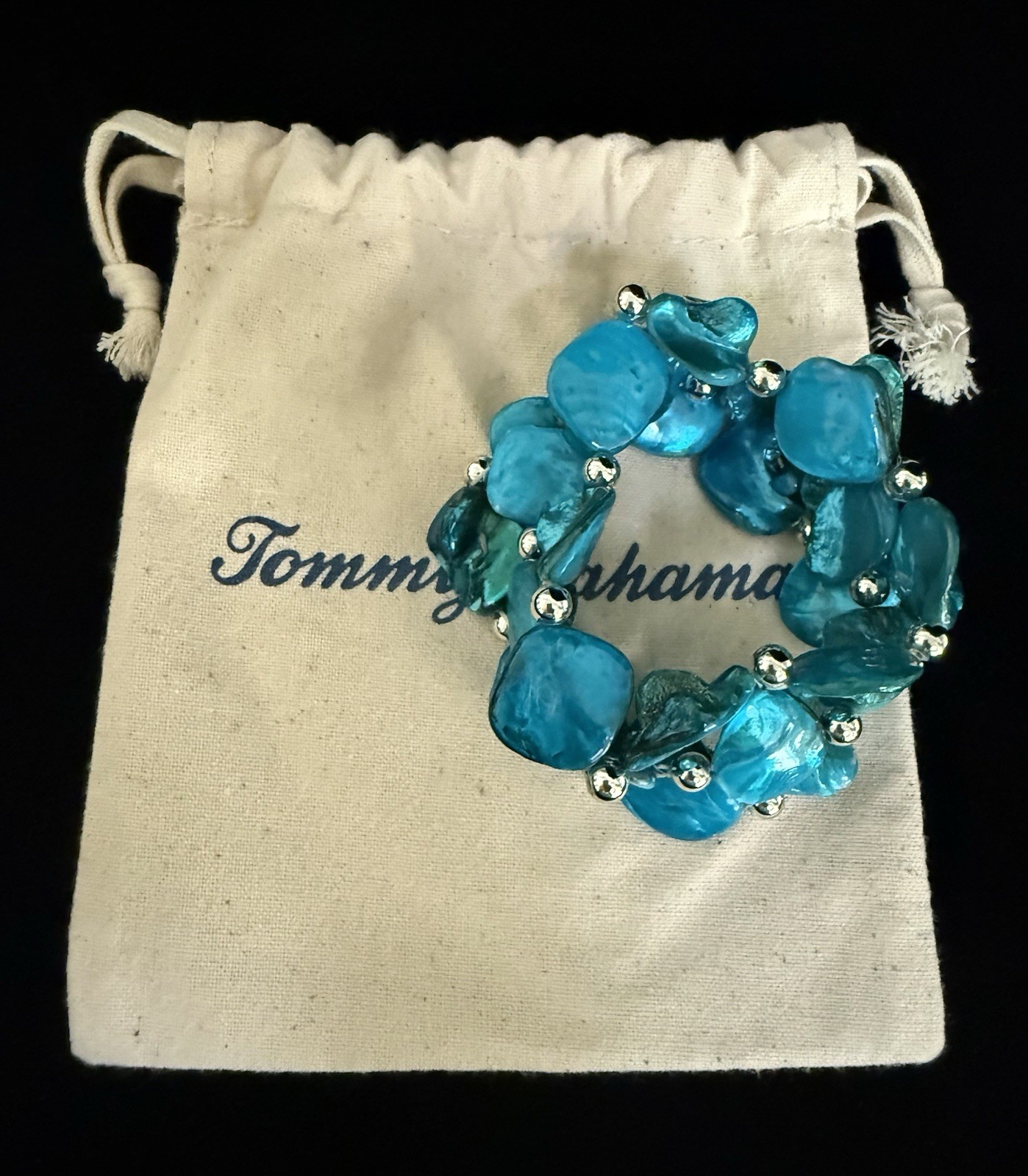 Tommy Bahama Turquoise-Style Stretch Bracelet Silver-Tone Beads – New With Pouch