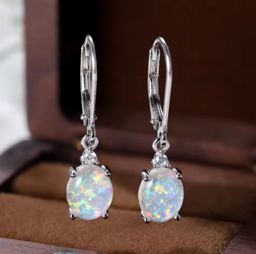 White Fire Opal Dangle Earring Silver Drop Hoop Daily Women Earrings gift
