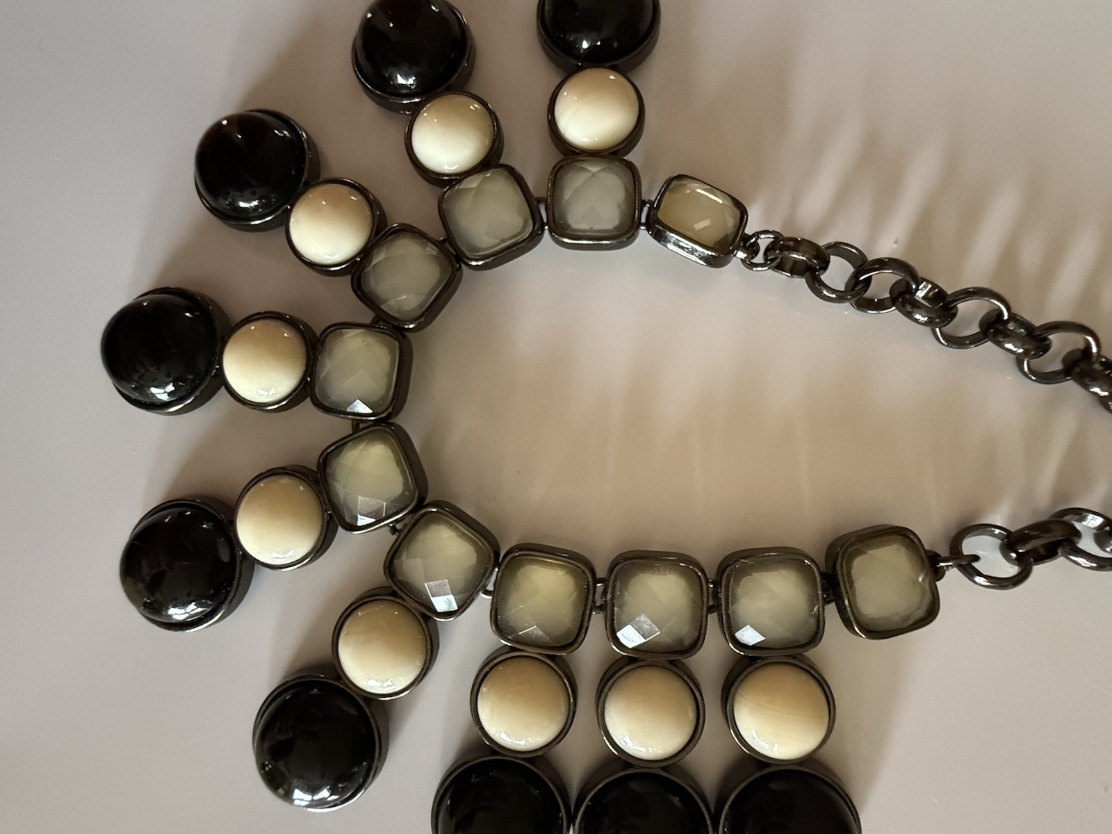Black Gray White Plastic Cabochon Bib Statement Necklace Cable Chain Lobster