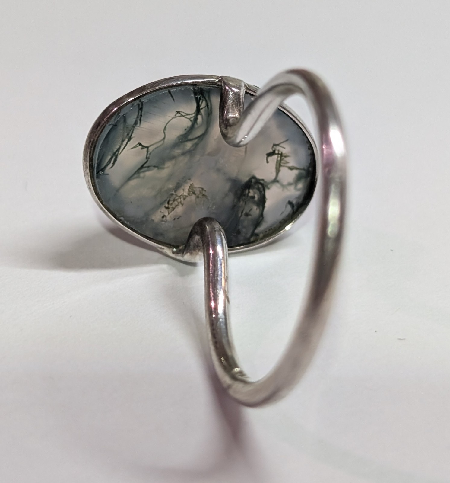 Sterling Silver Moss Agate Oval Ring – Green and White