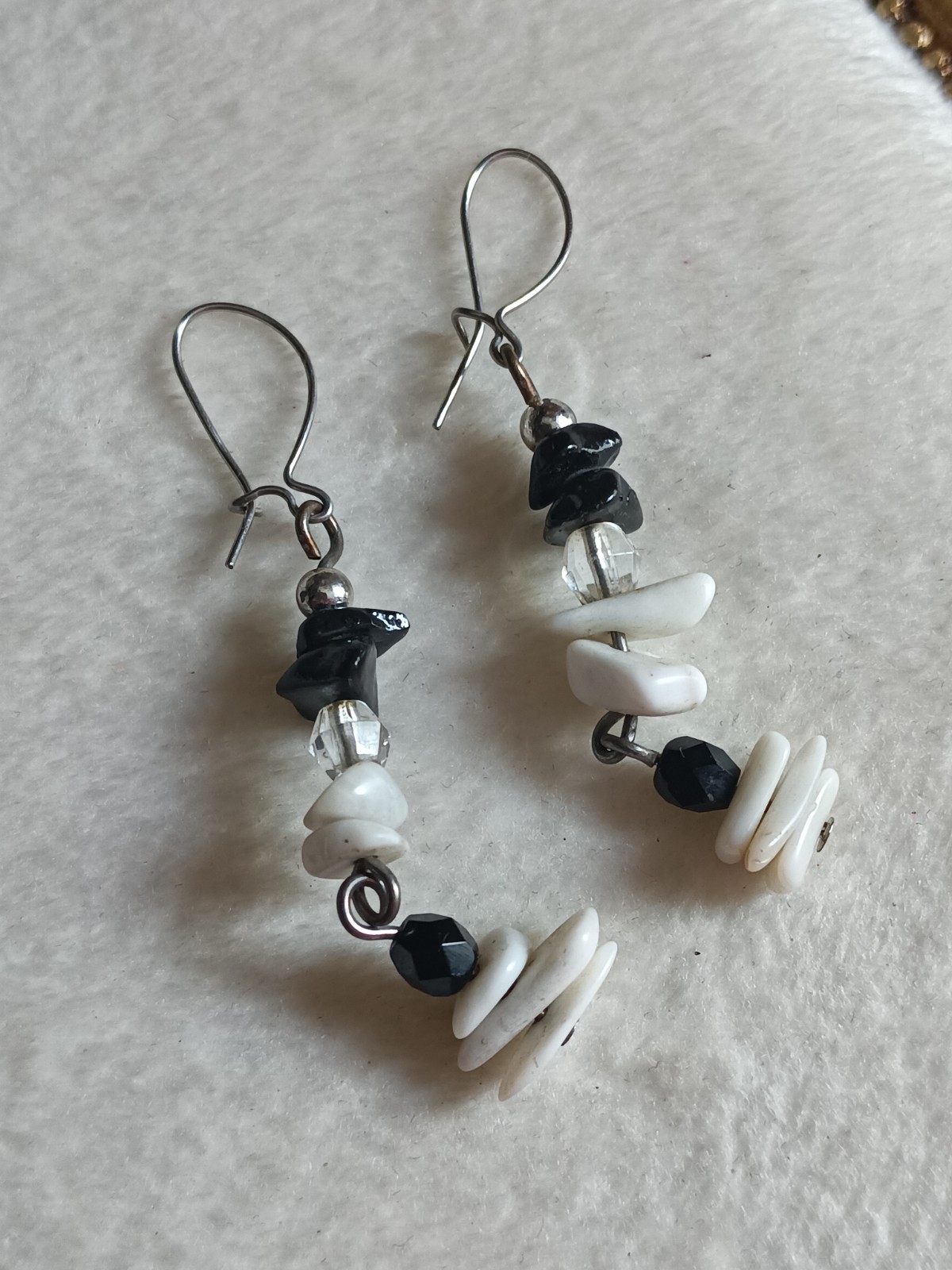 Black White Silver Beaded Dangle Drop Hook Earrings Metal Plastic Lobe