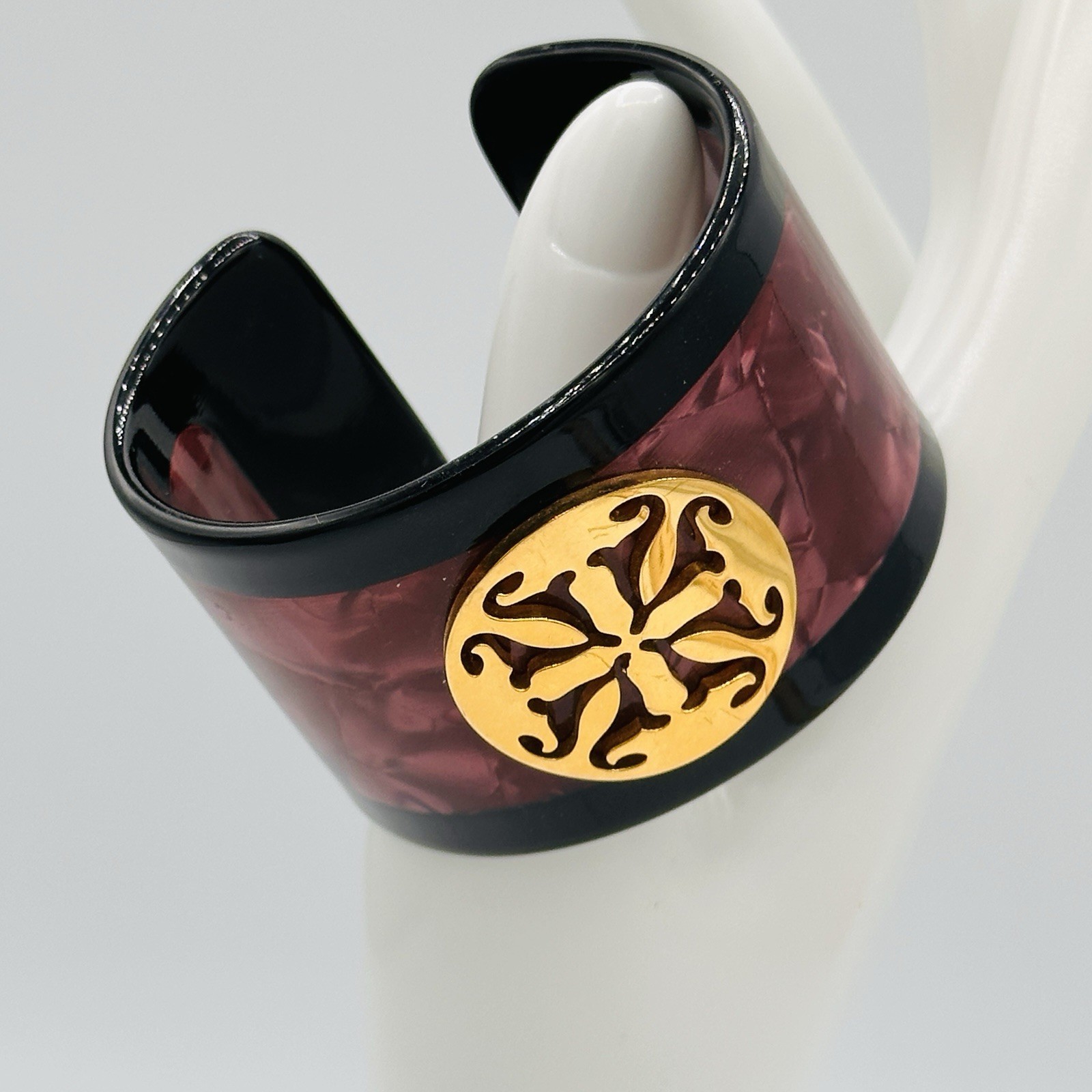 Rustic Cuff Plum Marbled Lucite Wide Open Cuff Bracelet Gold Medallion Statement