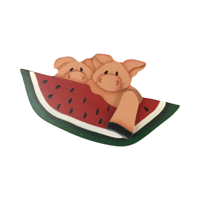 Brooch Pigs with Watermelon Pin Wooden Hand Painted Locking Bar Pin Back VTG
