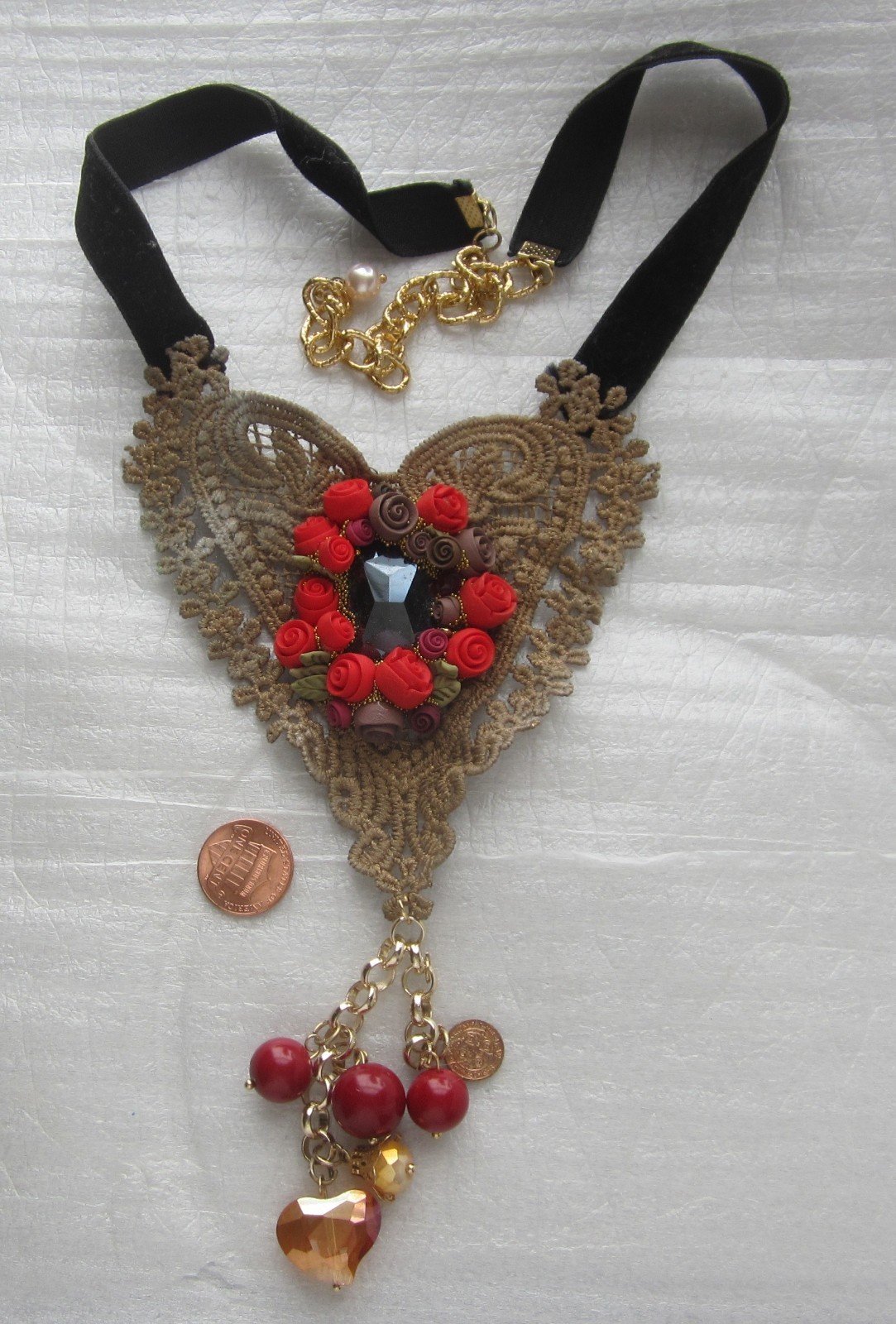 Lace Heart Choker with Flowers & Drop Pendant Tassel with Beads 17+ in.