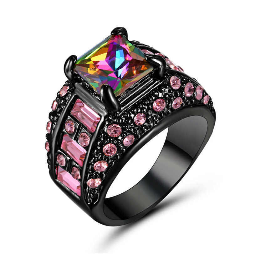 Titanium Steel Gun Black Rainbow Mystical Topaz Wedding Engagement Ring Size 8