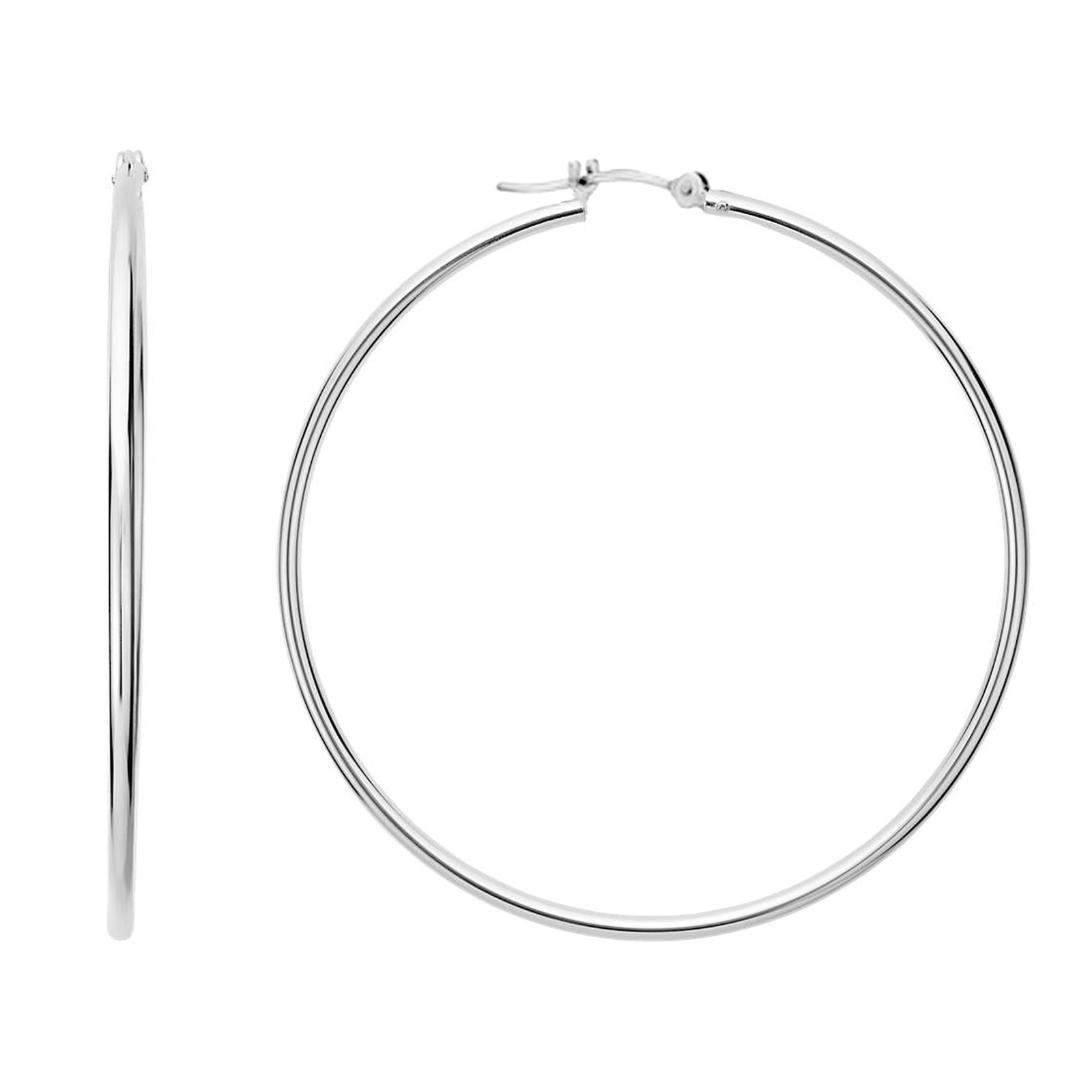 14k White Gold 1.5mm Shiny Round Tube Hoop Earrings, Diameter 40mm