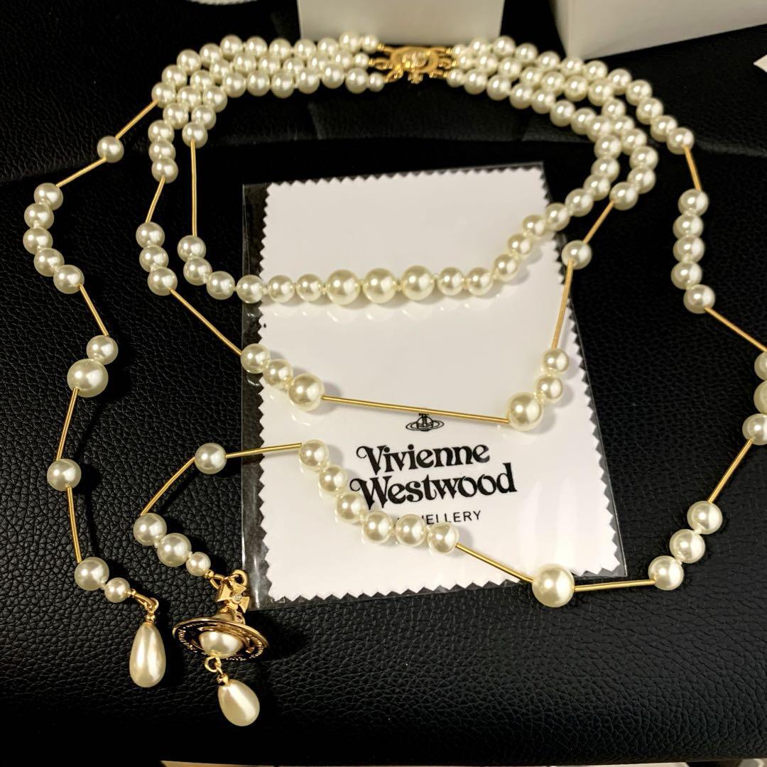 Vivienne Westwood Necklace Three Strands of Pearls Long Orb Gold IN BOX
