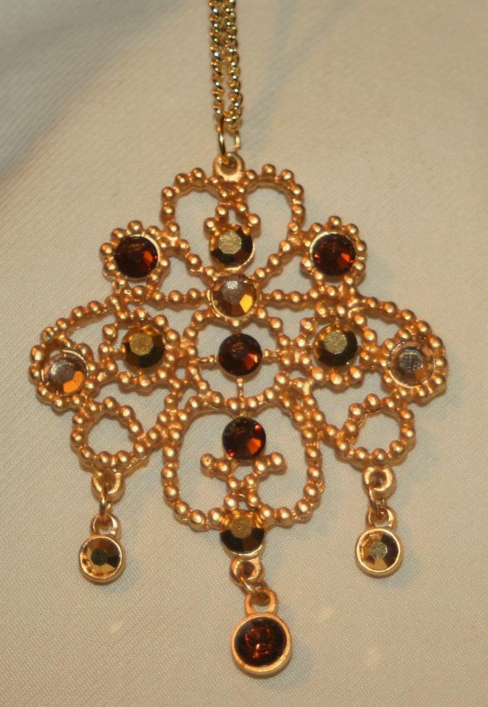 Sparkling Metal Beaded Swirls Ambertone Crystal Glass Dangles Goldtone Necklace