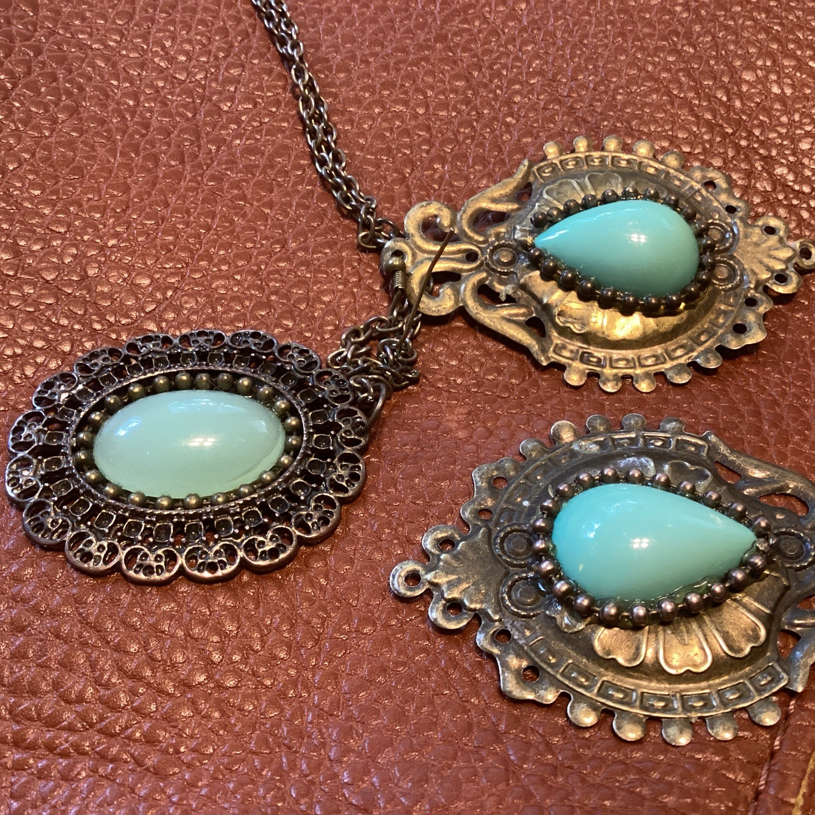 Faux Jadeite Earrings & Necklace Boho Flapper Victorian Style