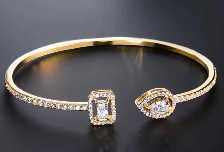 Luxury Gold Geometric Cuff Bangle Cubic Zirconia Women Bracelet