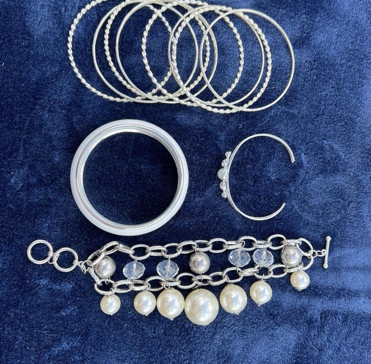 Silver-Tone Bracelet set of 11, Faux Pearls & Clear Crystals Stackable