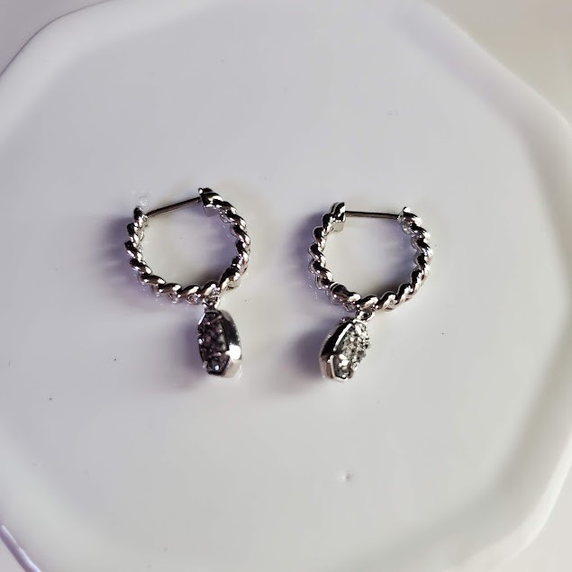 Kendra Scott Emelie Rhodium Plated Huggie Hoop Earrings Platinum Drusy Charm