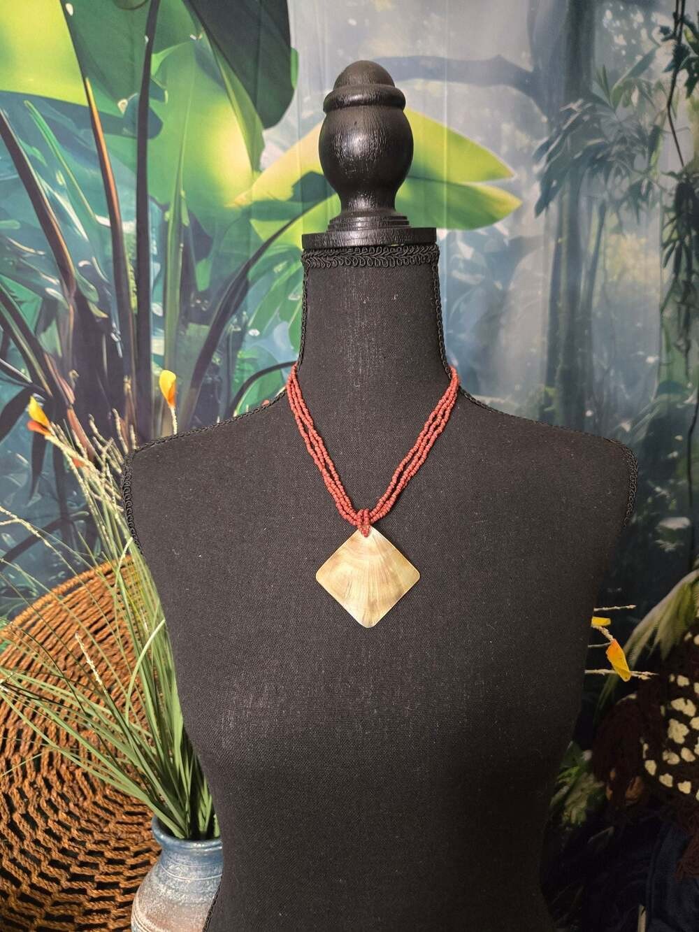 3 Strand Red Beaded Necklace with Diamond-Shaped Mother of Pearl Shell Pendant