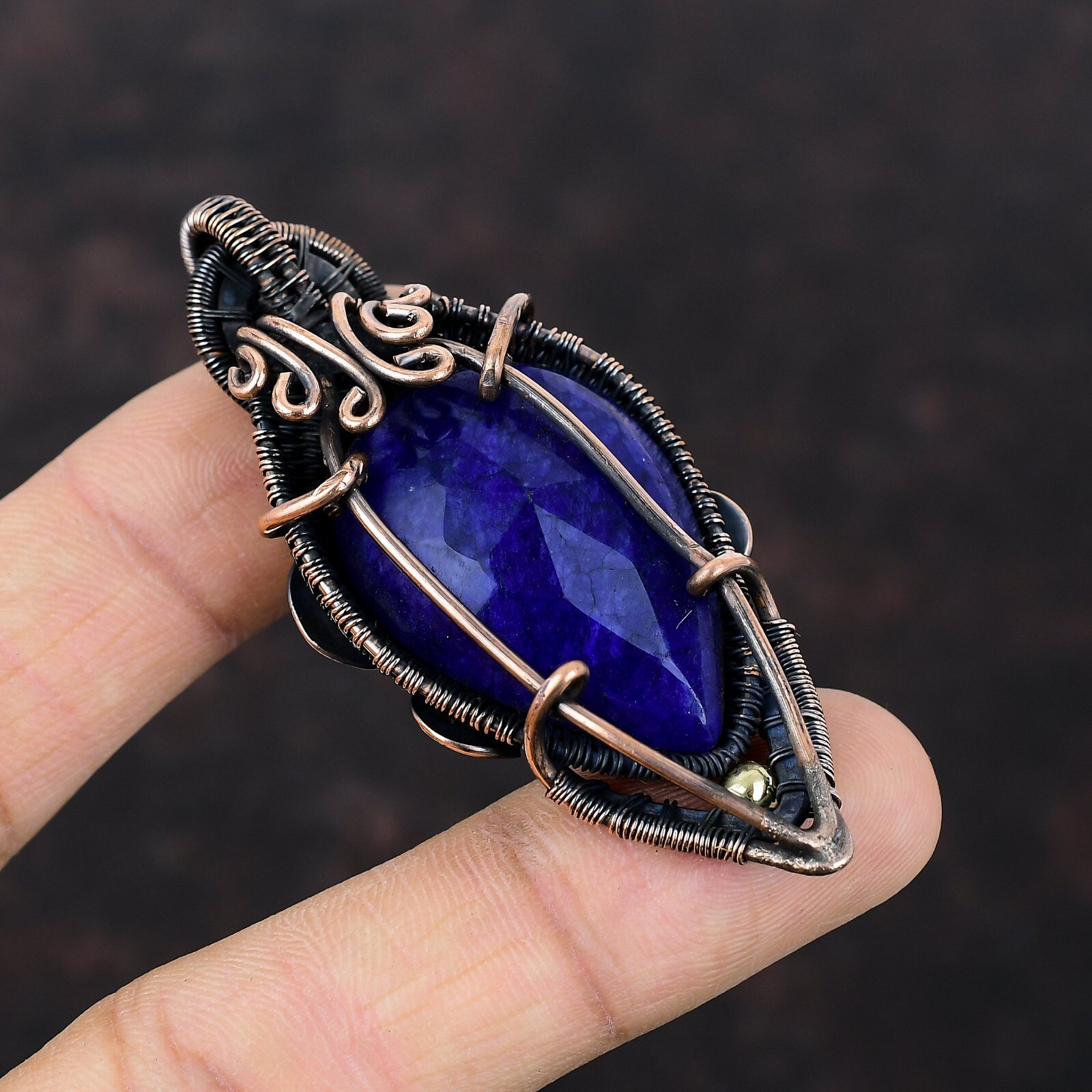 Gift For Women Jewelry Wire Wrapped Pendant Copper Blue Saphire Gemstone 2.64″