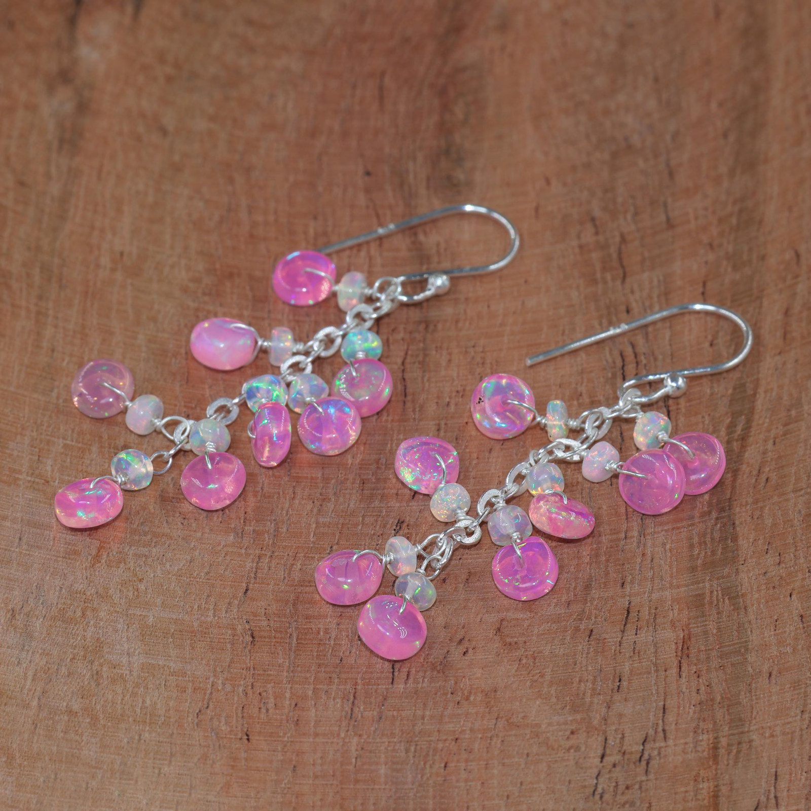 Natural Pink and White Opal Gemstone Cluster Earring, Fire Opal Round Beads