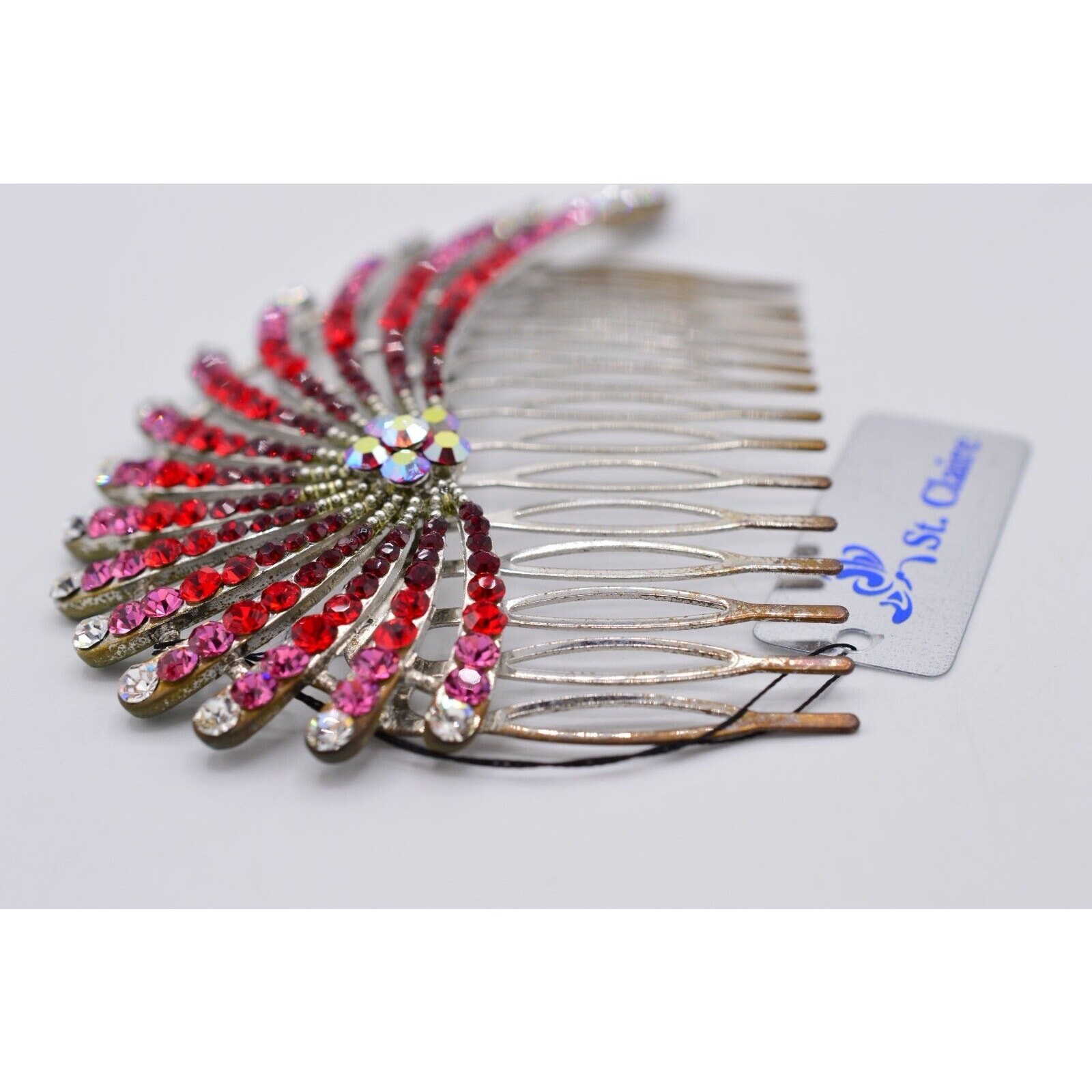 St. Clair Vintage Red Rhinestone Crystal Hair Pin Comb Aurora Borealis Pink