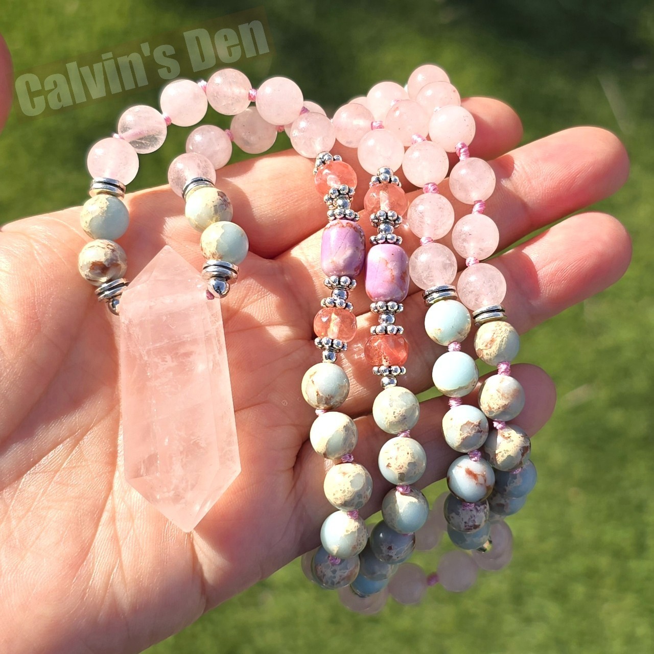 Rose Quartz Impression Jasper Bead Necklace + Rose Quartz Crystal Point Pendant