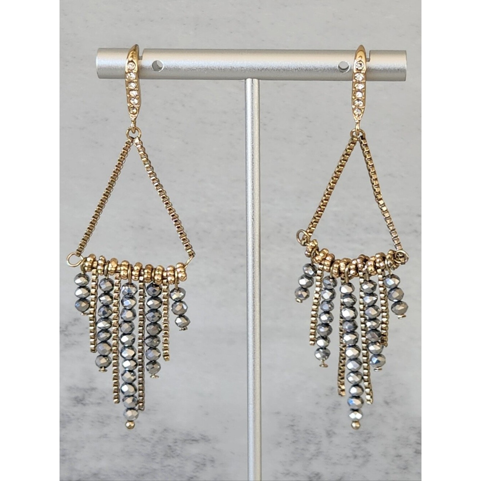 Gold Chain Dangle Drop Beaded Rhinestone Earrings Triangle Shape Party Disco