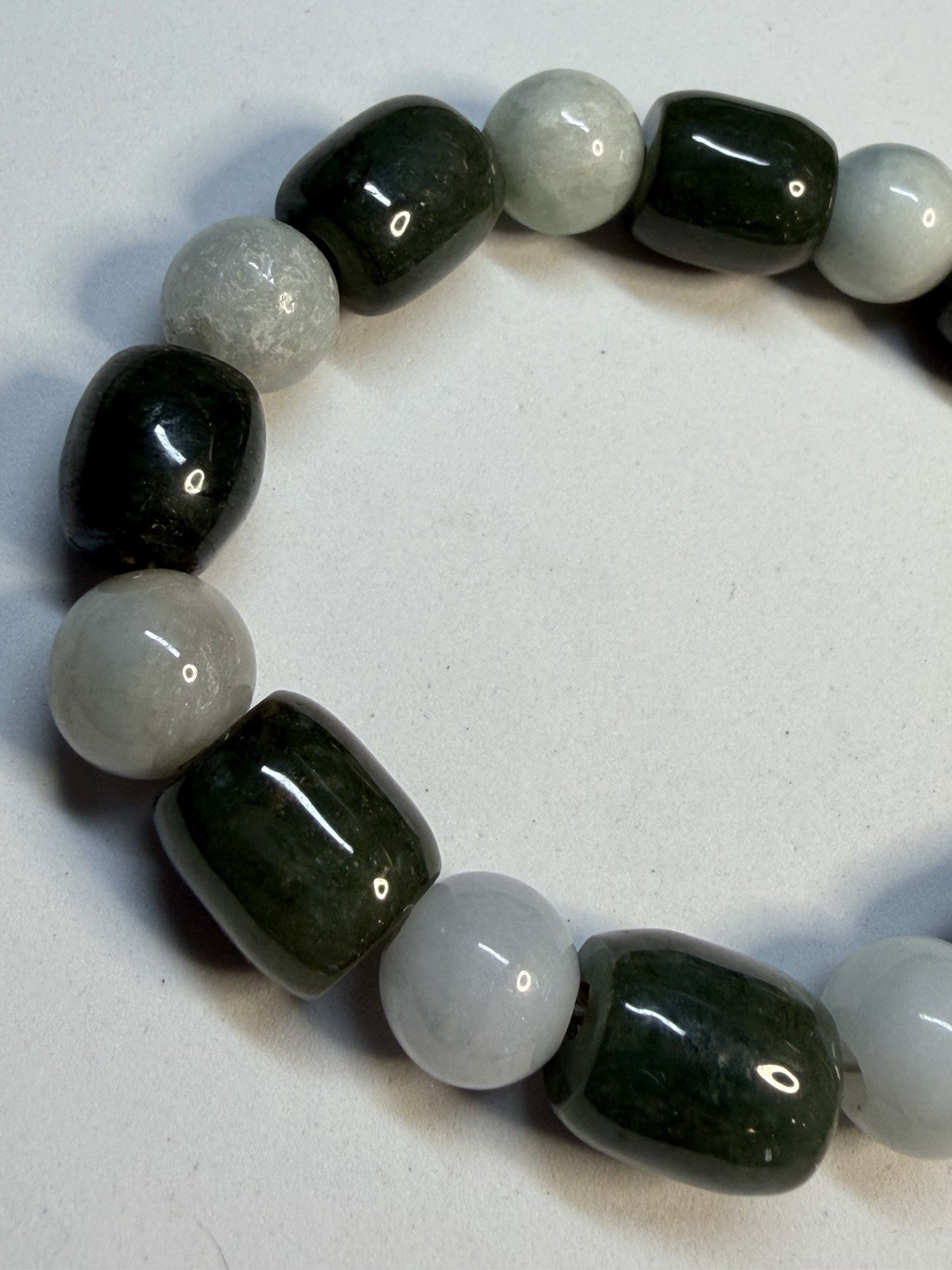 Vintage Natural Green Nephrite Jade & Agate Barrel Bead Toggle Bracelet 19.5cm
