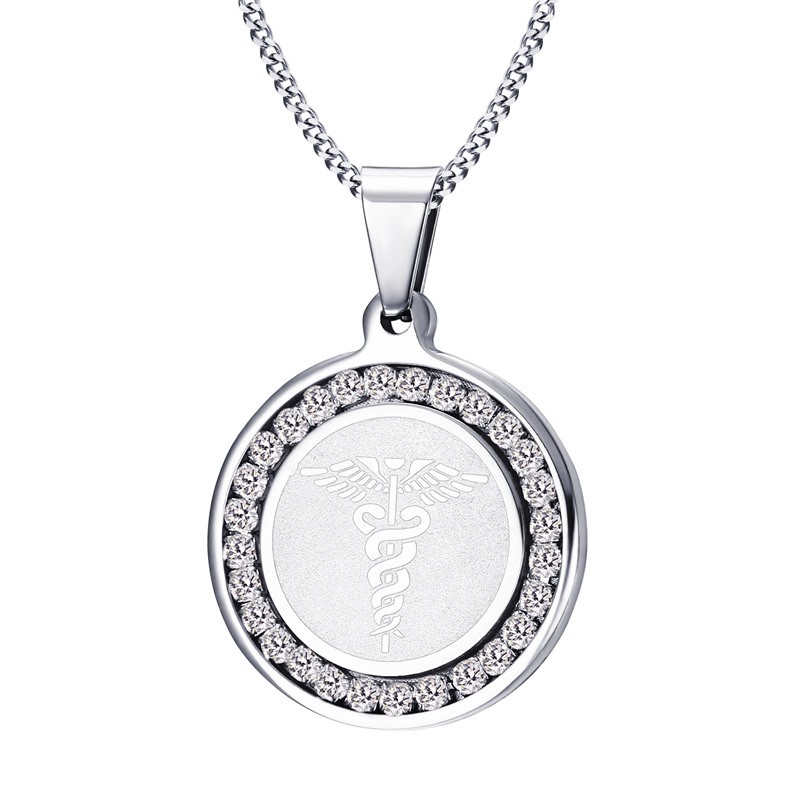 Silver Women Men Medical Alert ID Necklace Pendant Cubic Zirconia Free Engraving