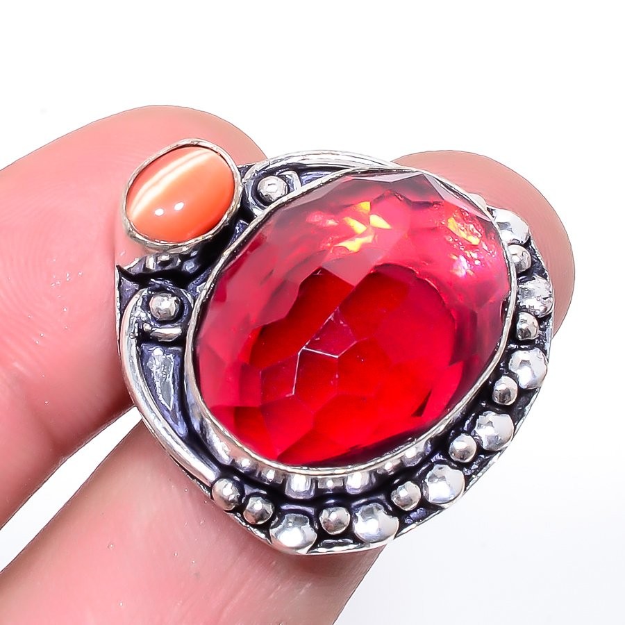 Mozambique Garnet & Cat’S Eye Gemstone 925 Silver Plated Ring s.6 F2624