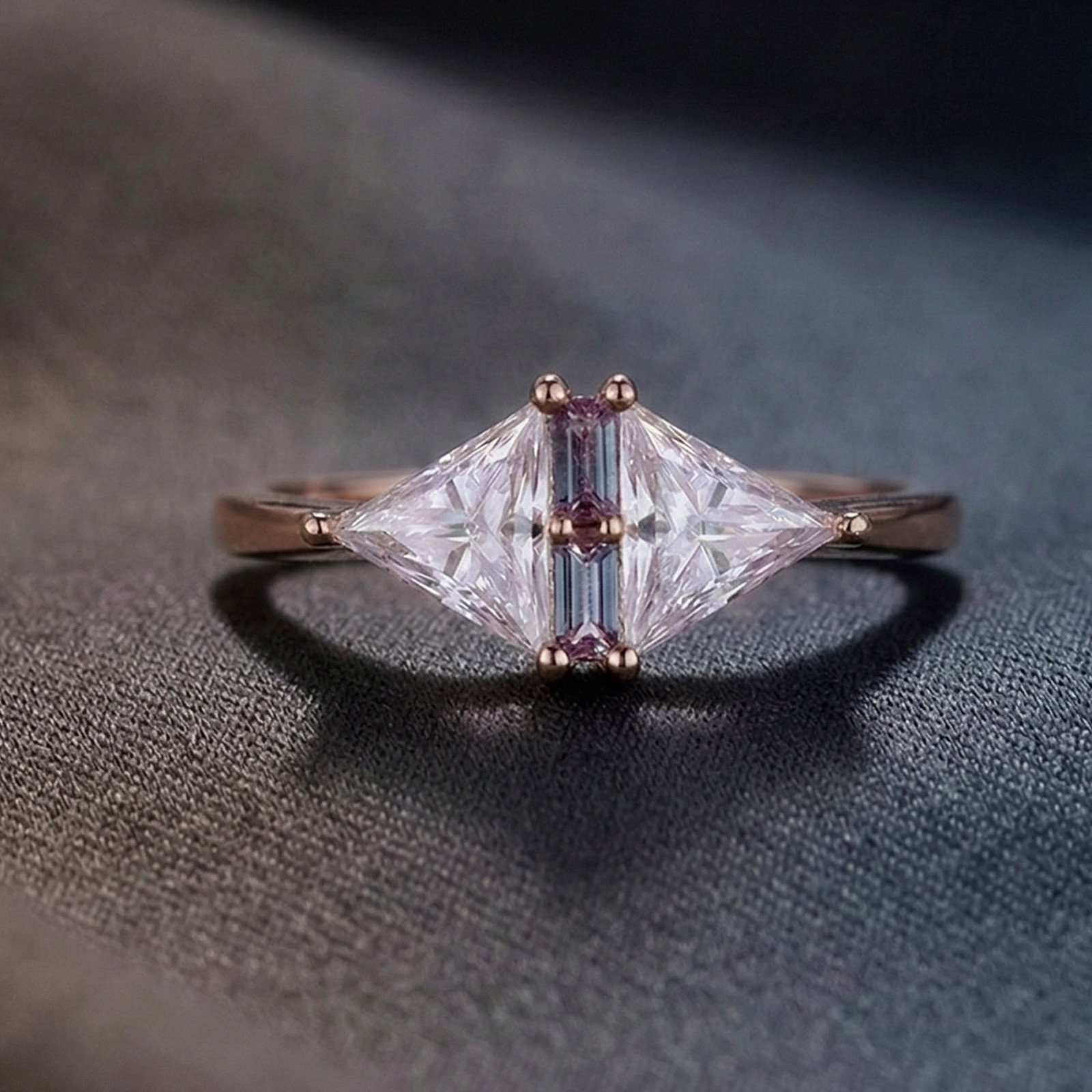 925 Sterling Silver Kite Cut Moissanite & Baguette Sapphire Handmade Ring