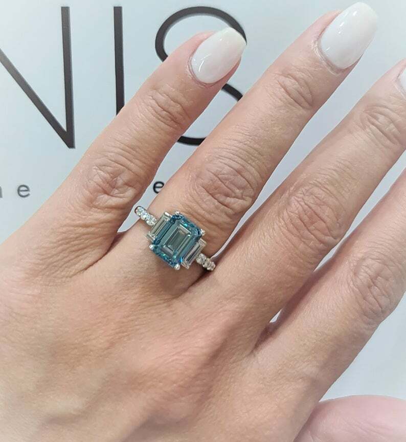 3Ct Emerald Simulated Blue Diamond Three Stone Ring 14k White Gold Plated Silver