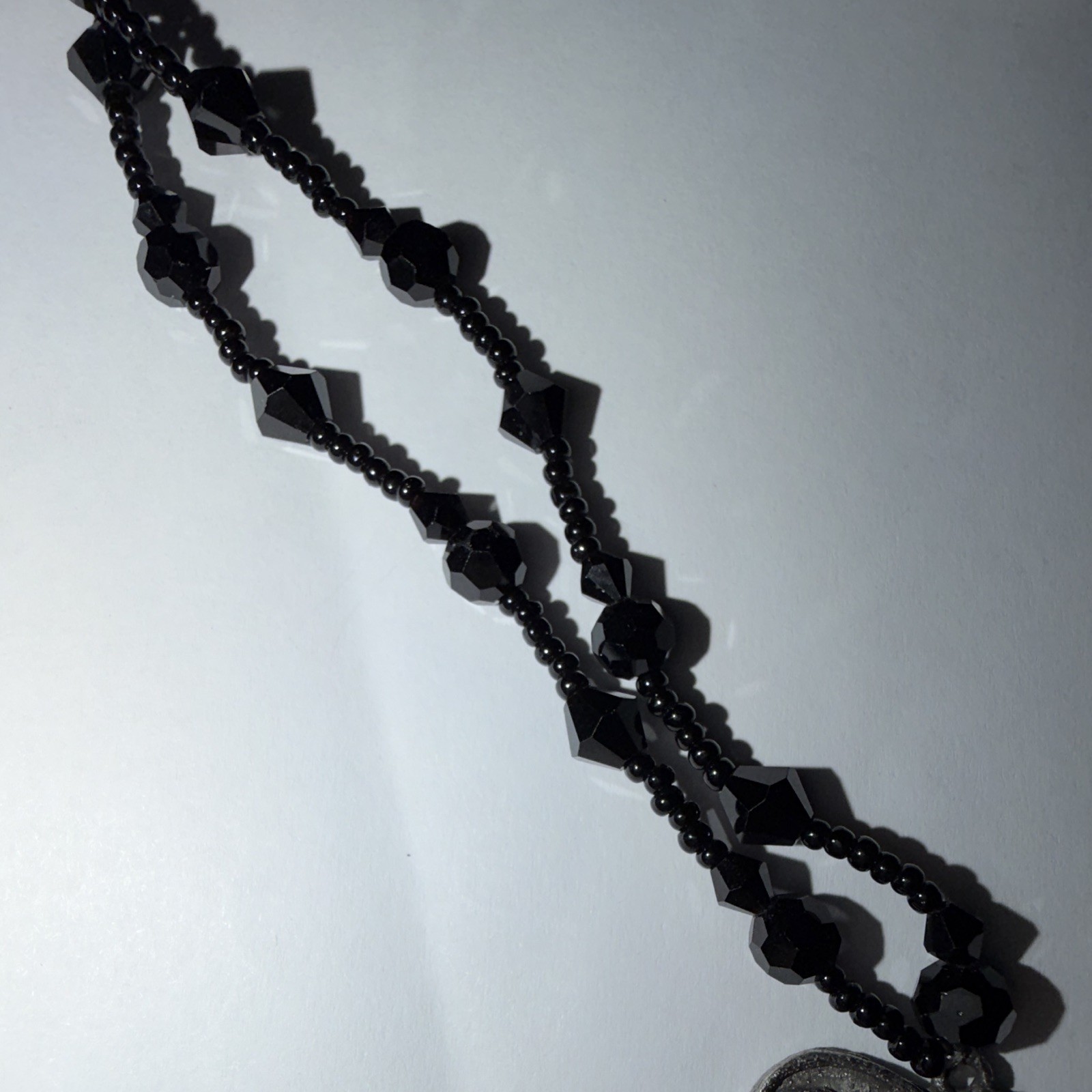 Gothic Black Beaded Necklace Silver Tone Bat Wing Charm Pendant Adjustable