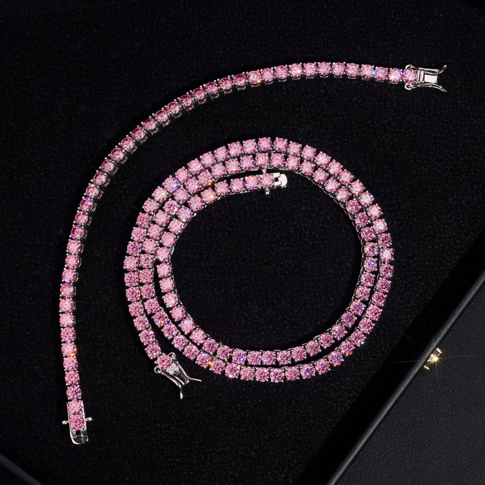 3-4mm PINK VVS1 D Moissanite Tennis Chain Bracelet Necklace 925 Sterling Silver